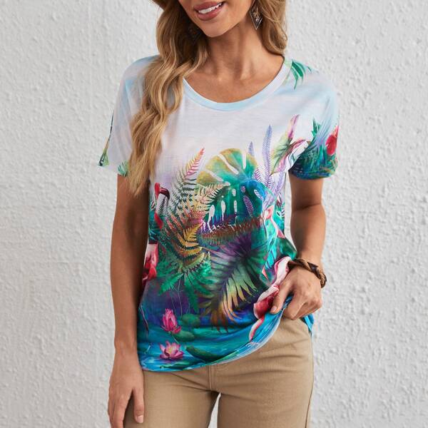 

Flamingo And Tropical Print Scoop Neck Tee, Multicolor