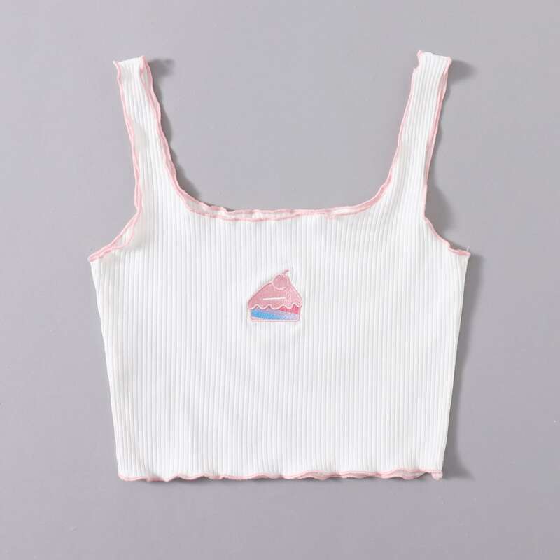 

Cake Embroidery Ribbed Tank Top, White