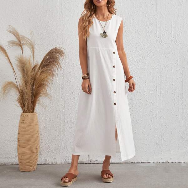 

Button Front Sleeveless Tunic Dress, White