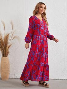 SHEIN LUNE 花卉燈籠袖V領洋裝