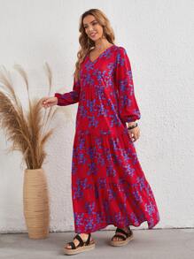 SHEIN LUNE 花卉燈籠袖V領洋裝