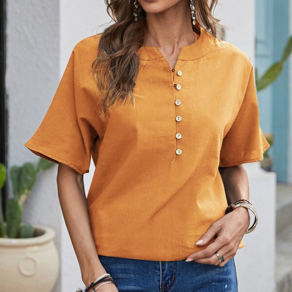 

Solid Notched Neck Button Front Blouse, Orange