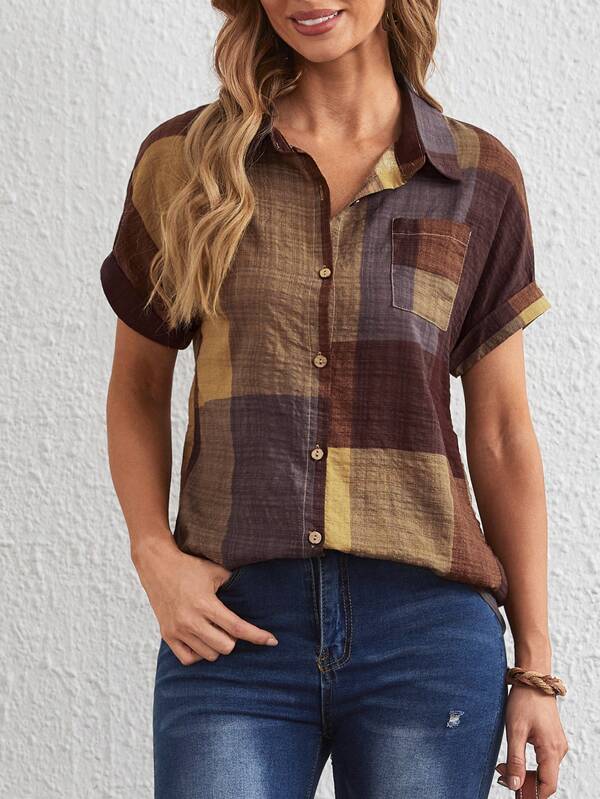 EMERY ROSE Camisa de color combinado con botón delantero con parche de bolsillo