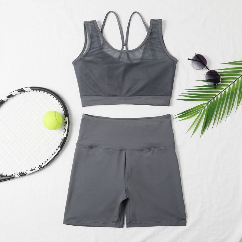 

Mesh Panel Sports Bra & Biker Shorts, Dark grey