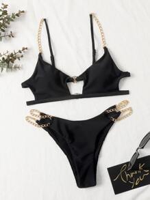 Chain Linked Cut Out Bikini Set, For Summer Beach Vacation - Black - View 1