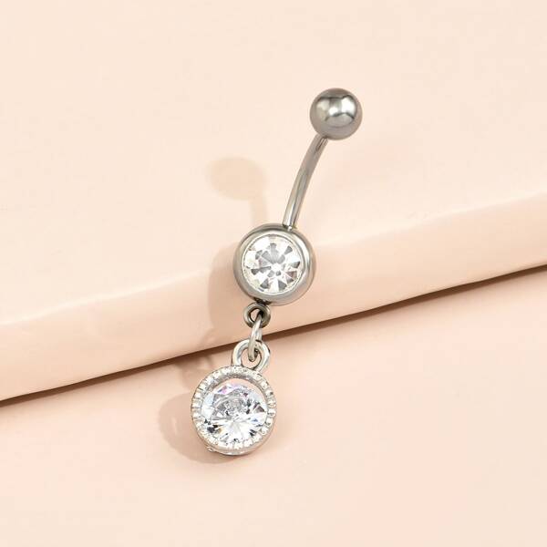 

Round Rhinestone Charm Navel Belly Ring, Silver