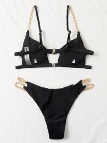 Chain Linked Cut Out Bikini Set, For Summer Beach Vacation - Black - View 2