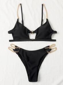 Chain Linked Cut Out Bikini Set, For Summer Beach Vacation - Black - View 3