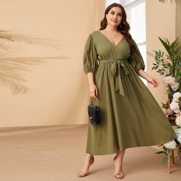 

Plus Bishop Sleeve Self Belted Dress, Army green