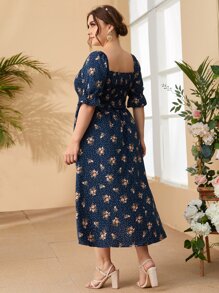 SHEIN Clasi Plus Square Neck Shirred Waist Ditsy Floral Milkmaid Dress - Multicolor - View 2