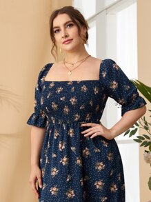 SHEIN Clasi Plus Square Neck Shirred Waist Ditsy Floral Milkmaid Dress - Multicolor - View 4