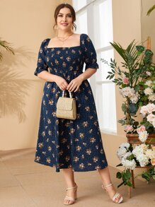 SHEIN Clasi Plus Square Neck Shirred Waist Ditsy Floral Milkmaid Dress - Multicolor - View 5