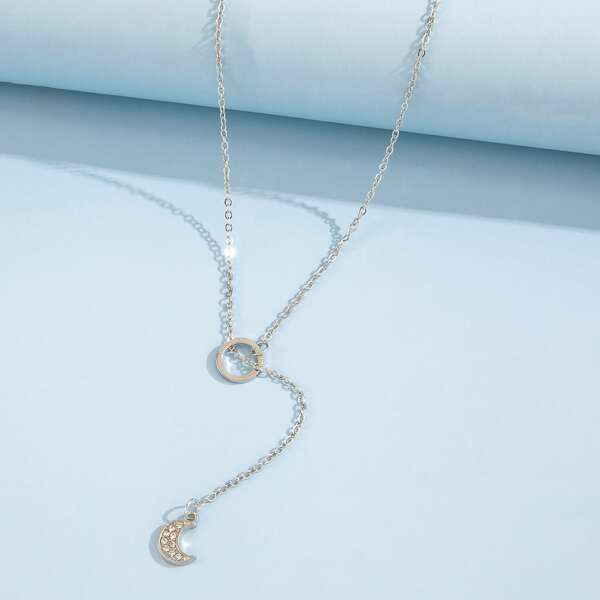 

Rhinestone Moon Charm Necklace, Silver