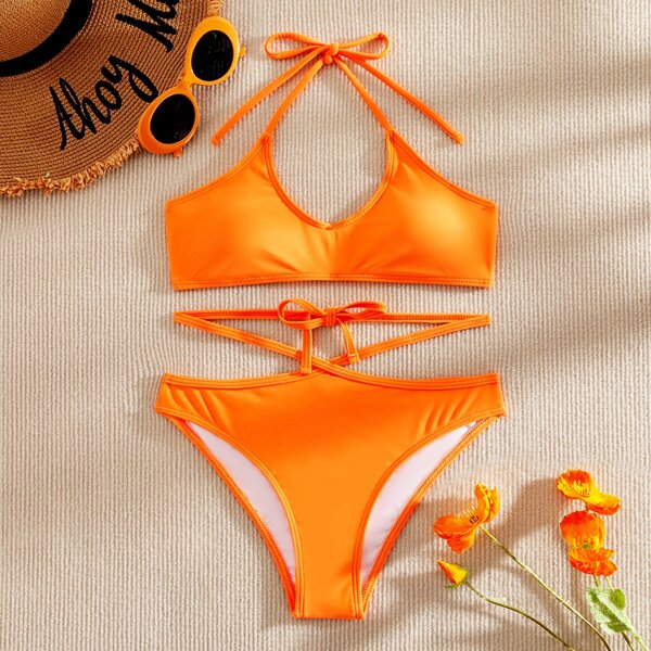 

Criss Cross Detail Halter Bikini Swimsuit, Orange
