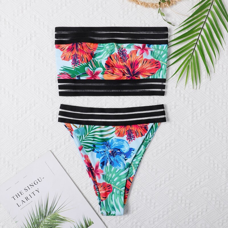 

Tropical Bandeau High Waisted Bikini Swimsuit, Multicolor