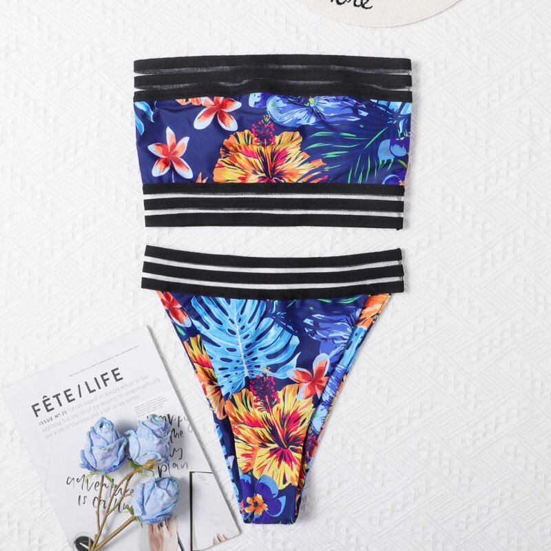

Tropical Bandeau High Waisted Bikini Swimsuit, Multicolor