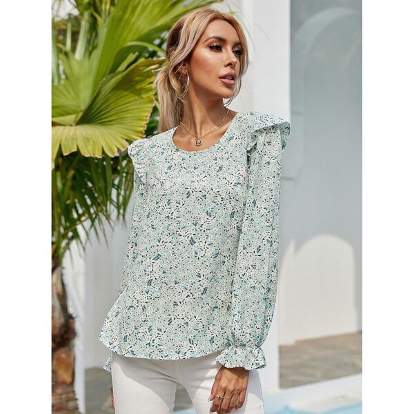 

Button Keyhole Flounce Sleeve Ditsy Floral Print Blouse, Mint green