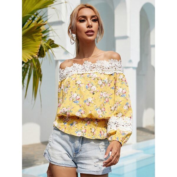 

Floral Off the Shoulder Contrast Lace Blouse, Yellow