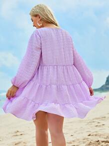 SHEIN Plus V-neck Lantern Sleeve Tiered Hem Dress