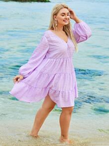 SHEIN Plus V-neck Lantern Sleeve Tiered Hem Dress
