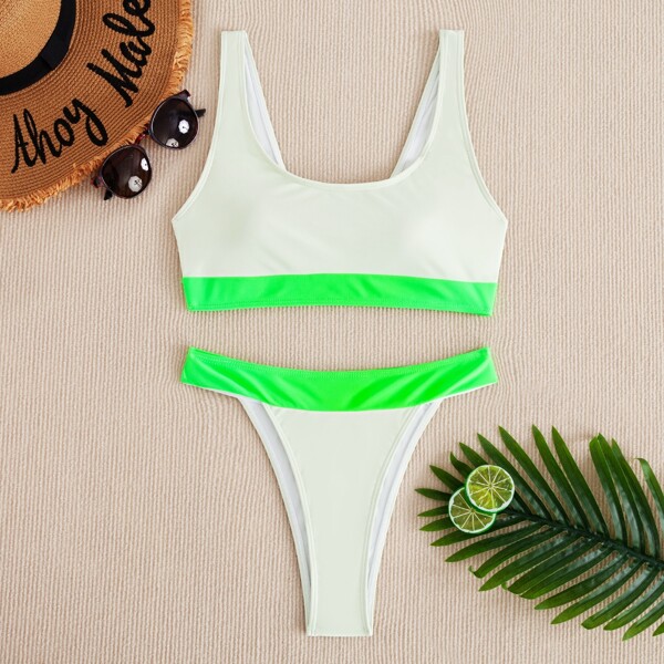 

Neon Trim Thong Bikini Swimsuit, Multicolor