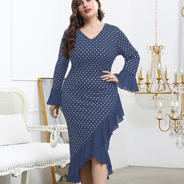 

Plus V-neck Ruffle Trim Polka Dot Dress, Navy blue