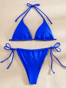 BamGleam Triangle Thong Bikini Set,Summer Beach - Royal Blue - View 5