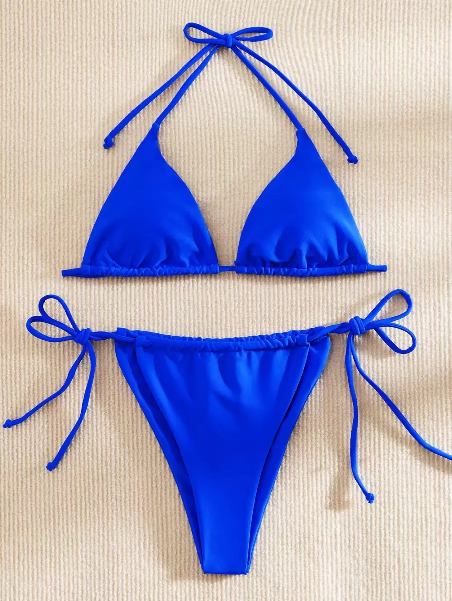 BamGleam Conjunto de bikini triangular con tanga, playa de verano - azul real - Ver 1