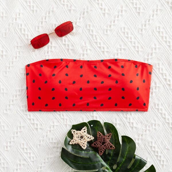 

Watermelon Seeds Print Bandeau Bikini Top, Red