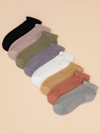 8 Pairs Women's Thin Minimalist Solid Color Ruffle Edge Net Mesh Short Socks, Fashion College Style, Spring/Summer