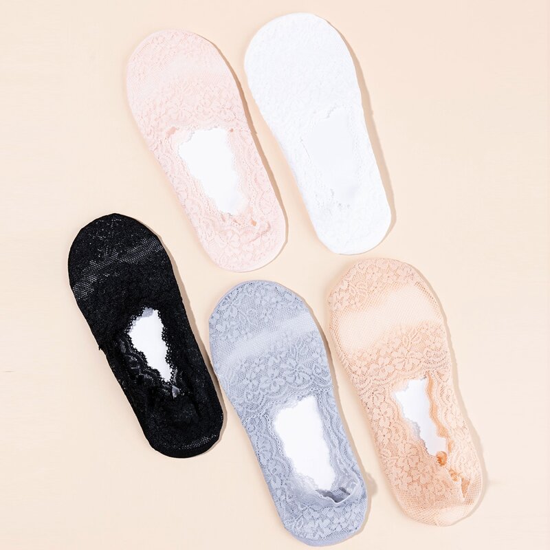 

5pairs Floral Lace Invisible Socks, Multicolor