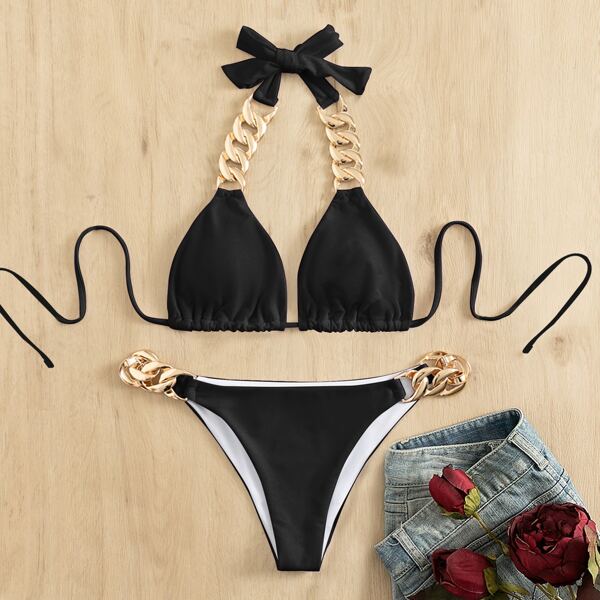 

Chain Linked Halter Bikini Swimsuit, Black
