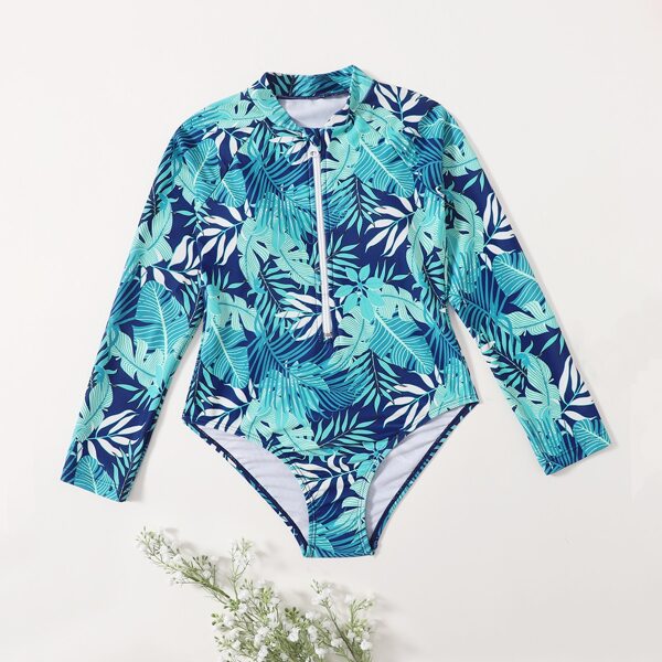 

Girls Plant Print One Piece Swimsuit, Multicolor
