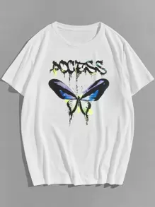 Manfinity Camiseta con estampado de mariposa y letra - Blanco - Ver 1