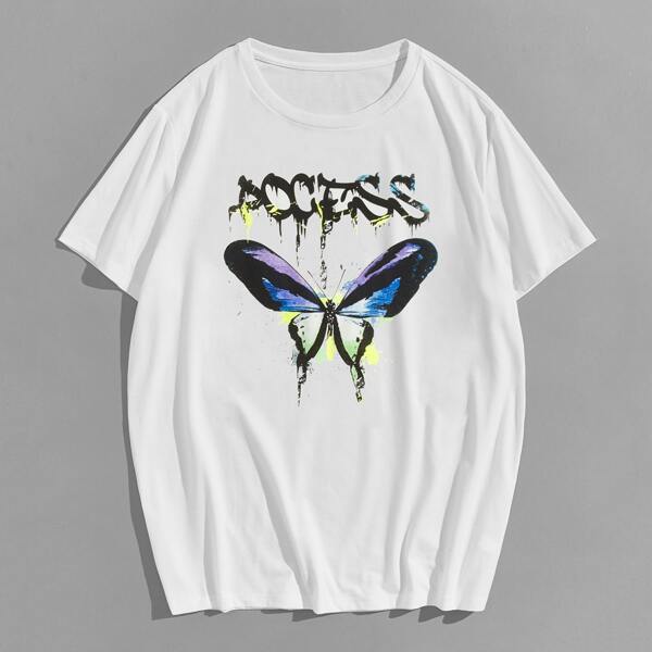 

Men Butterfly And Letter Graphic Tee, White