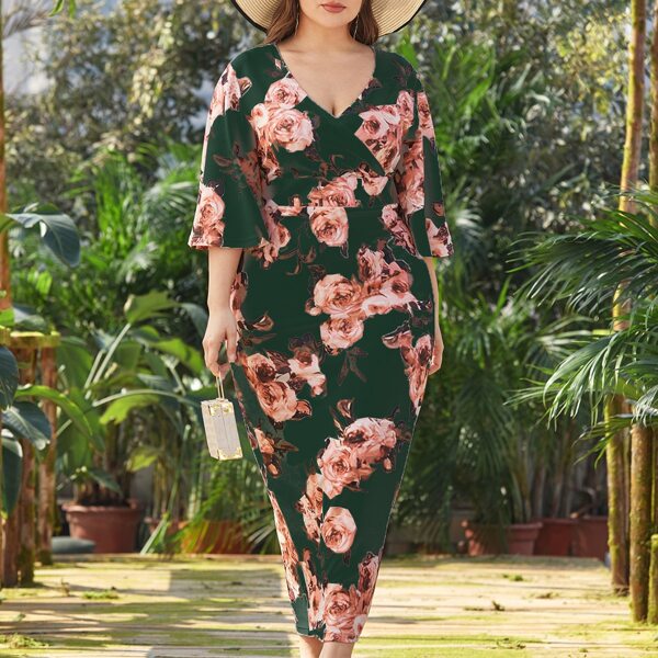 

Plus Allover Floral Surplice Front Fitted Dress, Multicolor