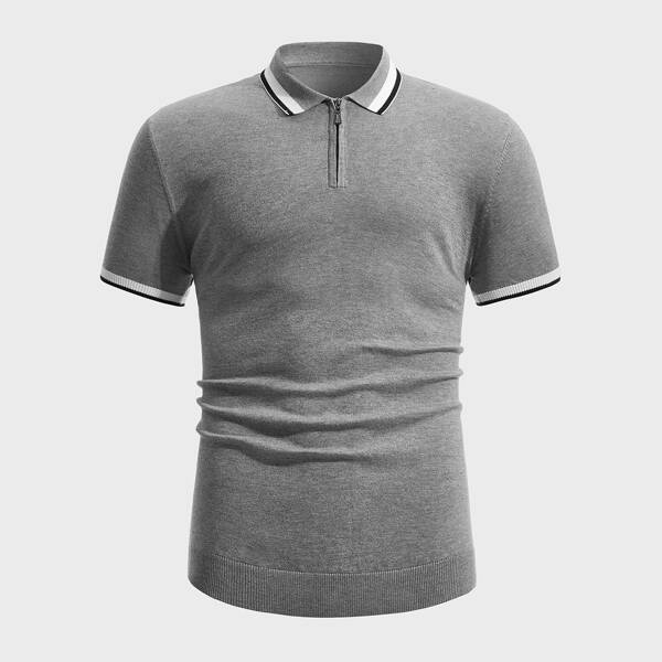 

Men Striped Trim Knit Polo Shirt, Grey