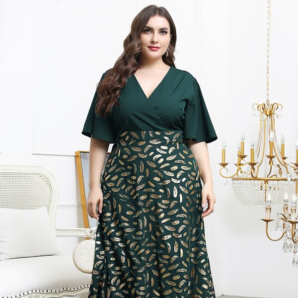 

Plus Feather Print Surplice Front Prom Dress, Dark green