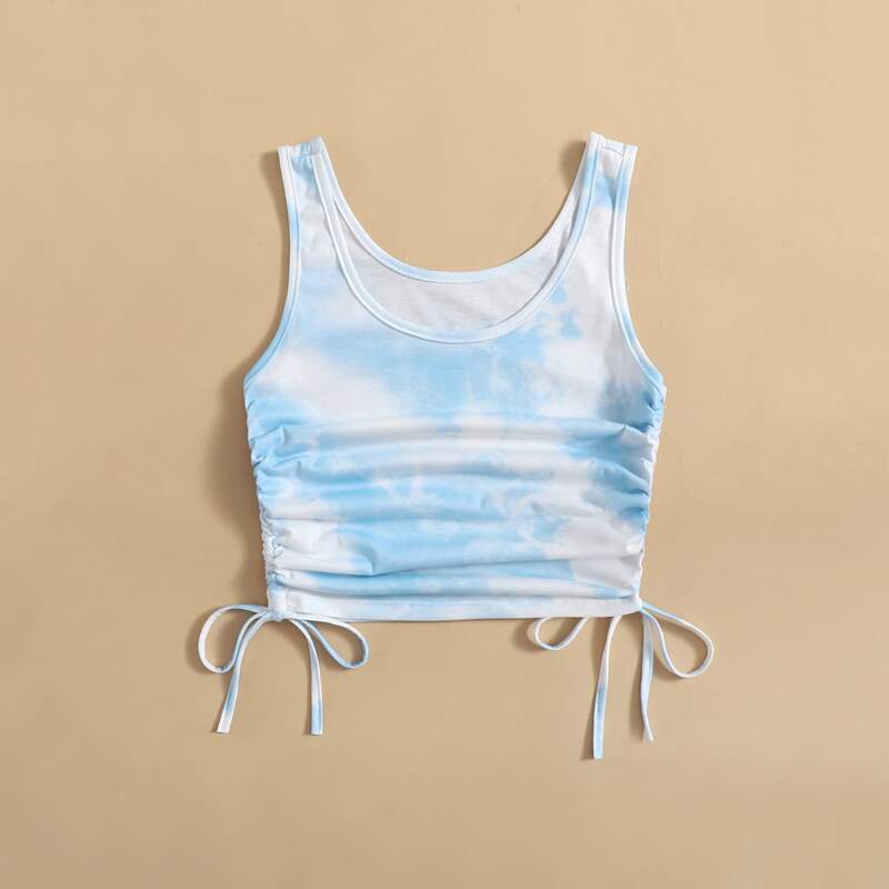 

Tie Dye Drawstring Ruched Tank Top, Blue and white