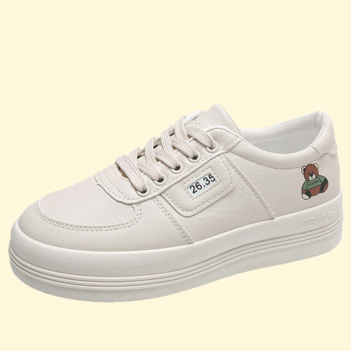 

Cartoon Bear Lace-up Skate Shoes, Beige
