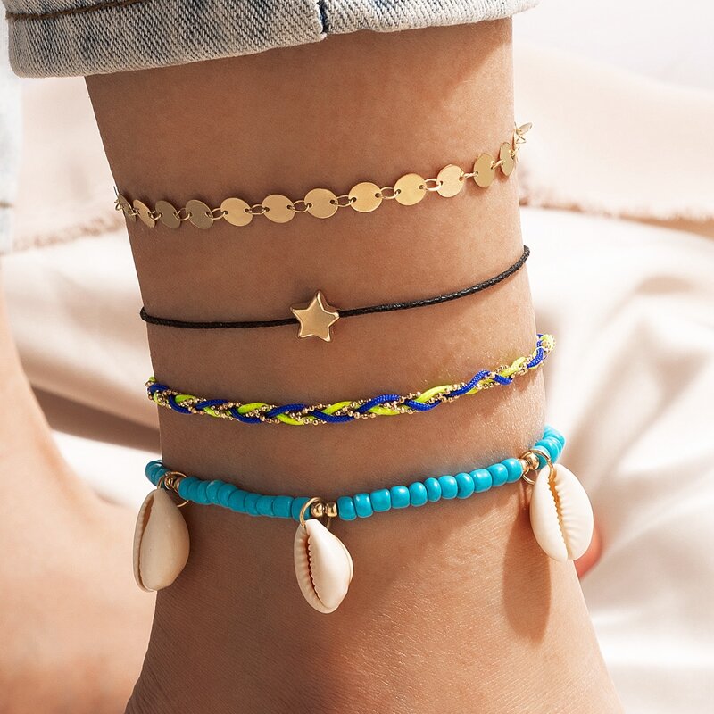

4pcs Shell & Disc Anklet, Multicolor
