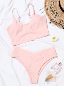 SHEIN Swim Surplice Neck Bikini Set Summer Beach - Baby Pink - View 3