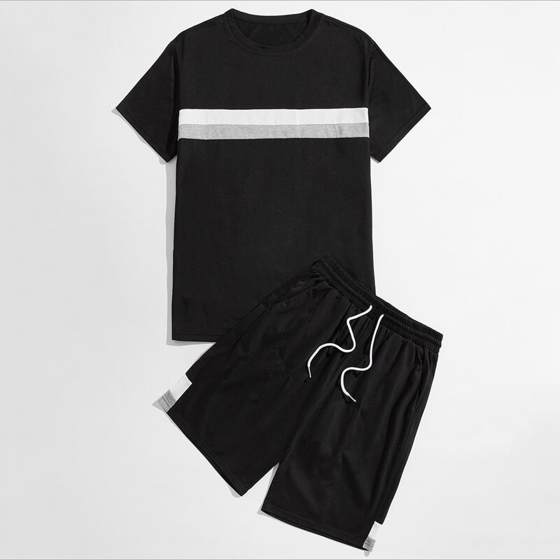 

Guys Striped Tee With Drawstring Shorts, Black