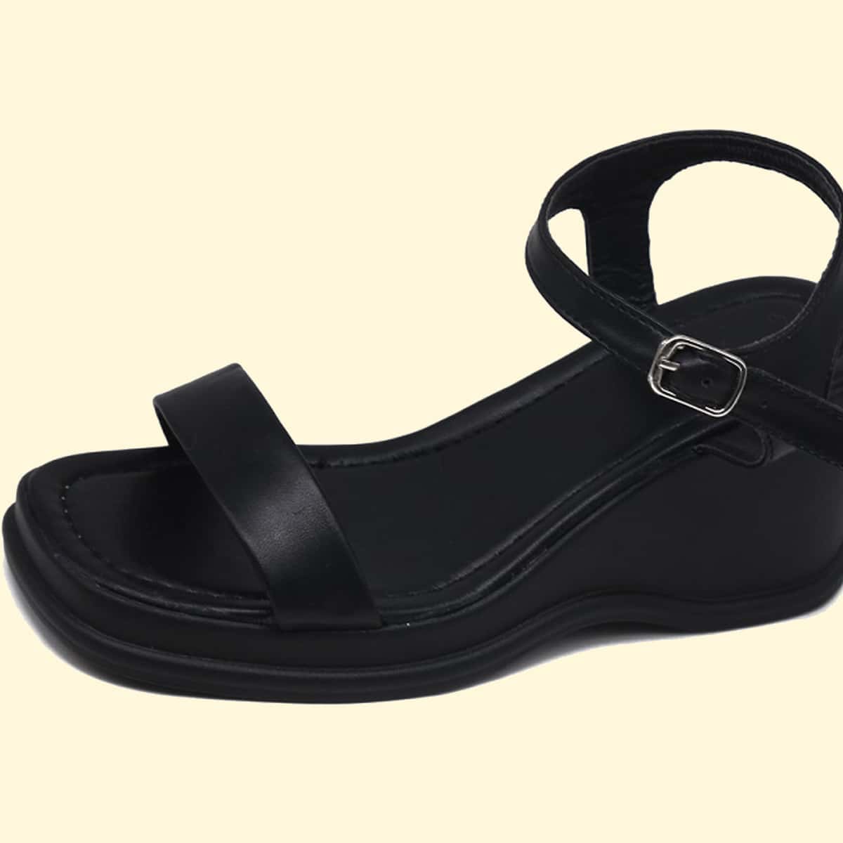 

Solid Ankle Strap Wedge Sandals, Black
