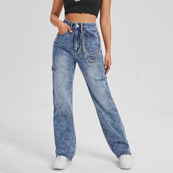 

High Waist Ripped Raw Hem Jeans Without Chain, Medium wash