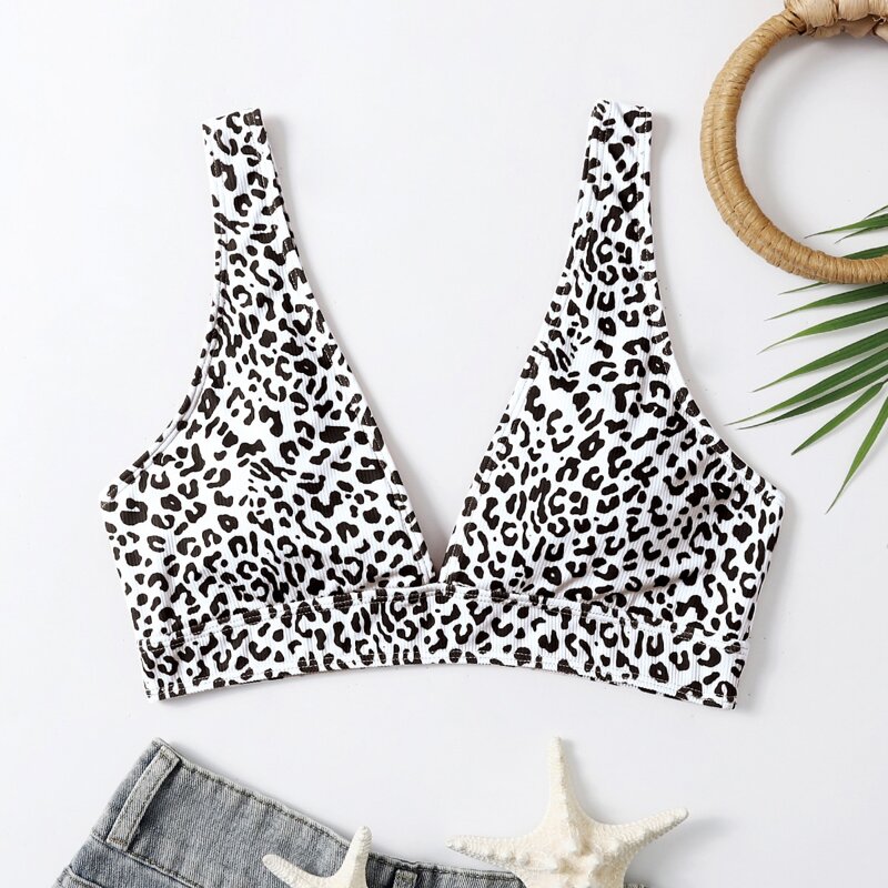 

Leopard V Neck Bikini Top, Black and white