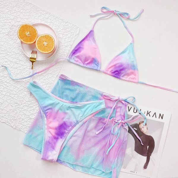 

3pack Ombre Halter Bikini Swimsuit & Beach Skirt, Multicolor