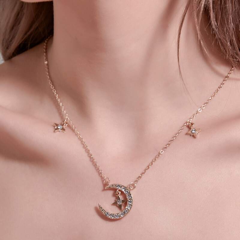 

Moon & Star Rhinestone Necklace, Rose gold