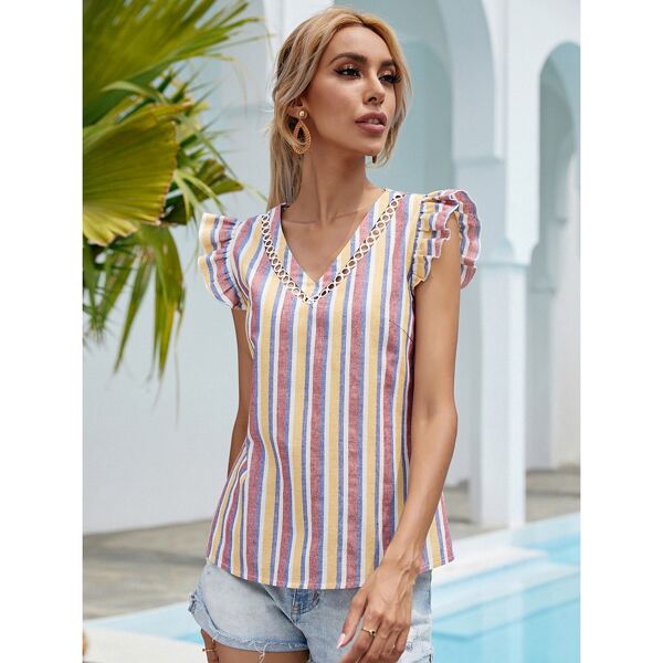 

Striped V-neck Ruffle Trim Blouse, Multicolor