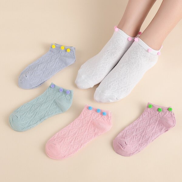 

5pairs Pom-pom Decor Ankle Socks, Multicolor